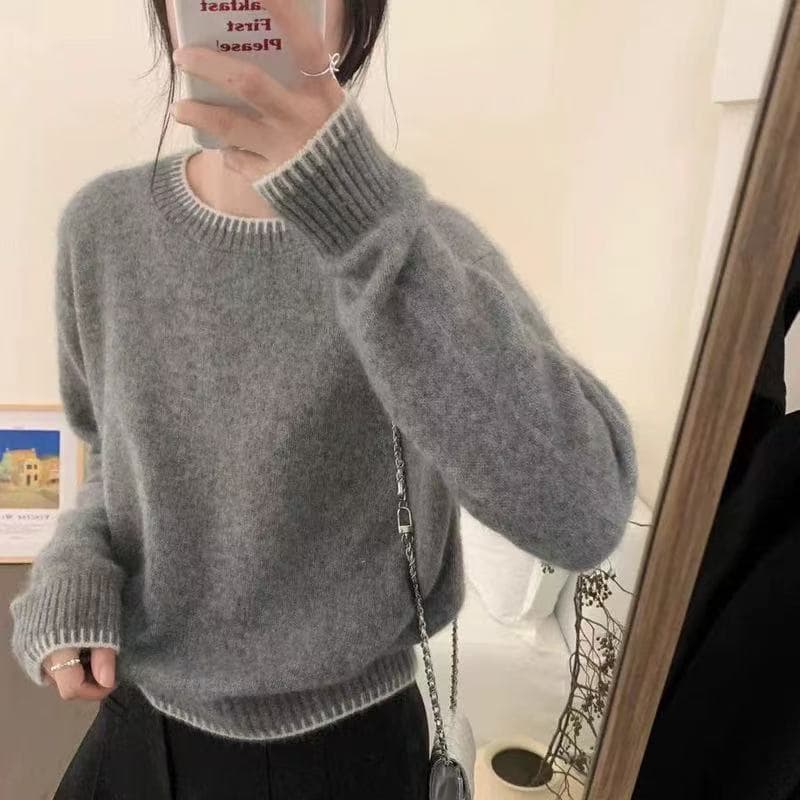 European Style Age-Reducing Design Round Neck 100% Pure Wool Sweater for Women, Loose Fit, Slimming, Thickened, Lazy Knit Base Layer