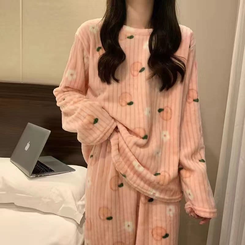 Plus Size Coral Fleece Winter Pajamas for Women, Warm and Sweet Cartoon Homewear Set with Pants