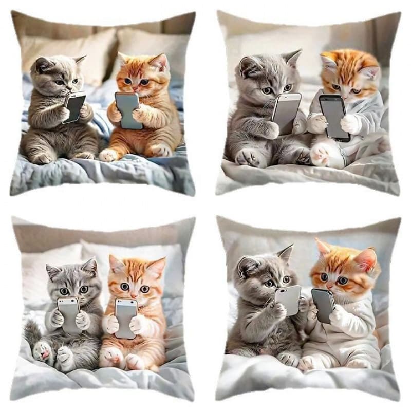 Cross-Border Hot-Selling Cat Playing with Mobile Phone Printed Pillowcase Bedroom Living Room Sofa Decorative Cushion Cover Home Pillowcase