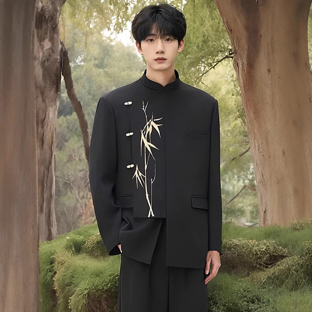 New Chinese style men's dress for engagement, irregular suit, national style stand collar, golden bamboo embroidery tunic suit