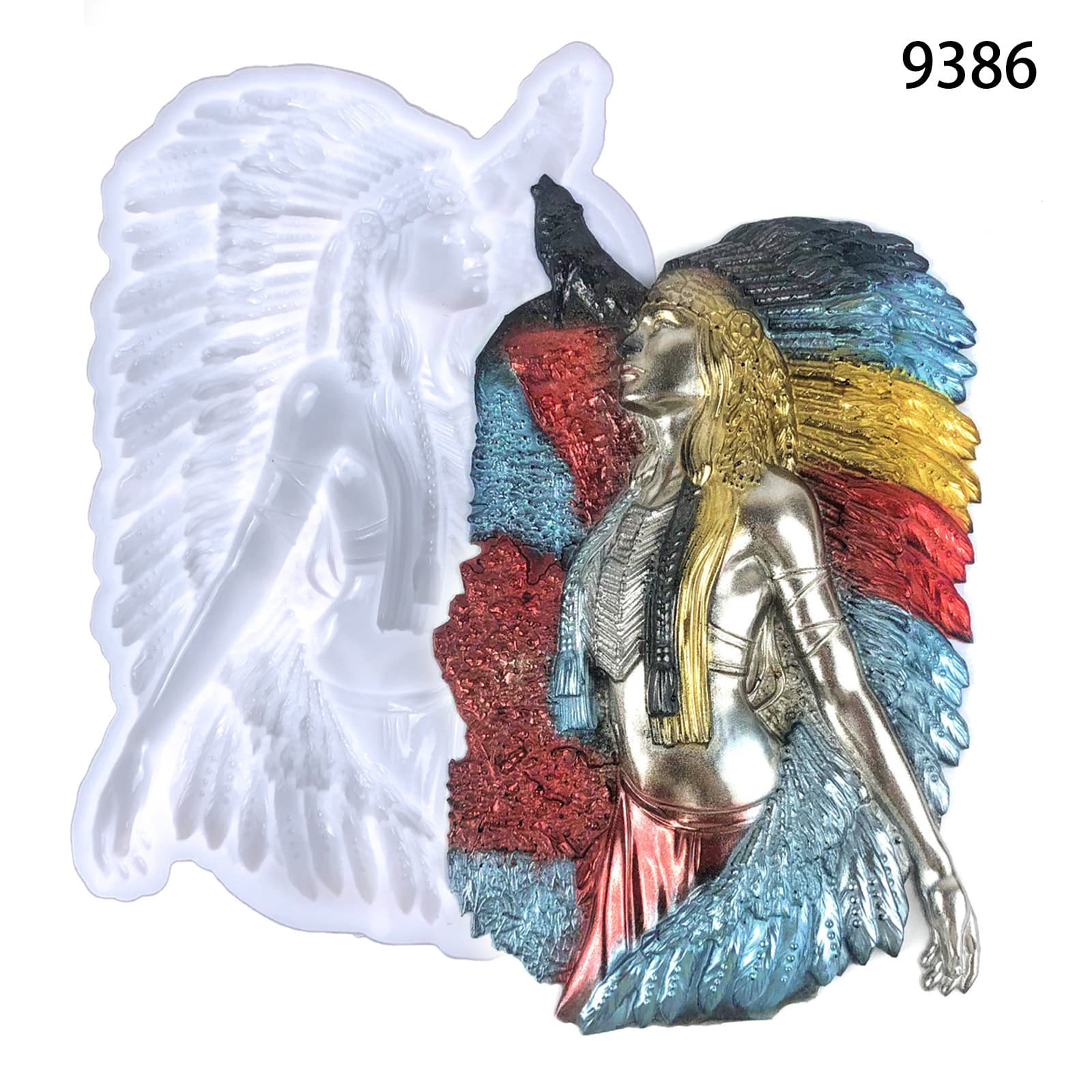 Native American Woman Hanging Silicone Mold Resin Craft Wall Sticker Semi-3D Woman and Wolf Resin Mold