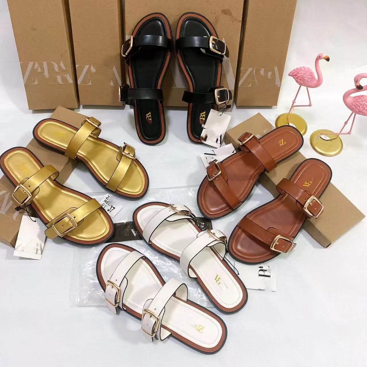 ZAR New Original Label 2025 Cross-border Large Size Flat Sandals with Decorative Buckles, European and American Viral Style SANDA