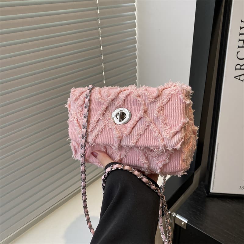 2025 Autumn New Korean Style Simple Crossbody Bag Women Denim Bag Single Shoulder Fashion Diamond Grid Chain Small Square Bag