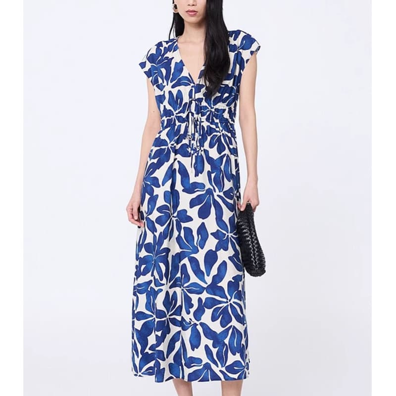 [MG Order] Women's Dress 2026 Summer New Arrival V-Neck Sleeveless Ruching Waist Floral Print Dress