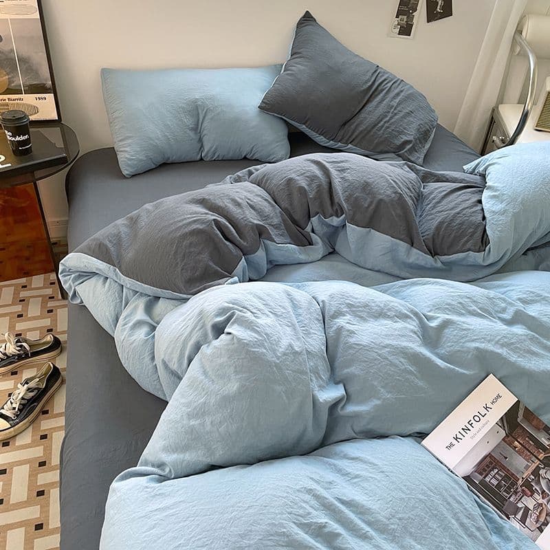 Ins Style Thickened Washed Brushed Sheet 4-Piece Set, Fully Enclosed Fitted Sheet, Double-Sided Usable Duvet Cover, Dormitory 3-Piece Set