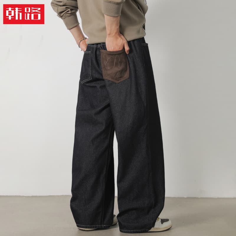 Raw Denim Straight-Leg Jeans for Men, Autumn American Retro Baggy Style with Color-Blocking Patch Embroidery, Loose Casual Long Pants