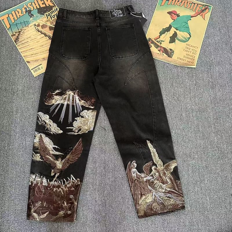 vescartes American retro solar eclipse fallen angel embroidered jeans loose high street wide leg trousers men's fashion