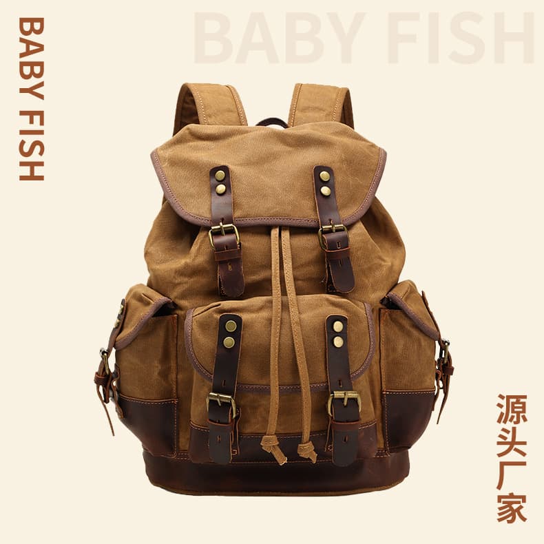European and American retro waterproof wax canvas bag, outdoor hiking canvas backpack, waterproof multi-pocket canvas backpack