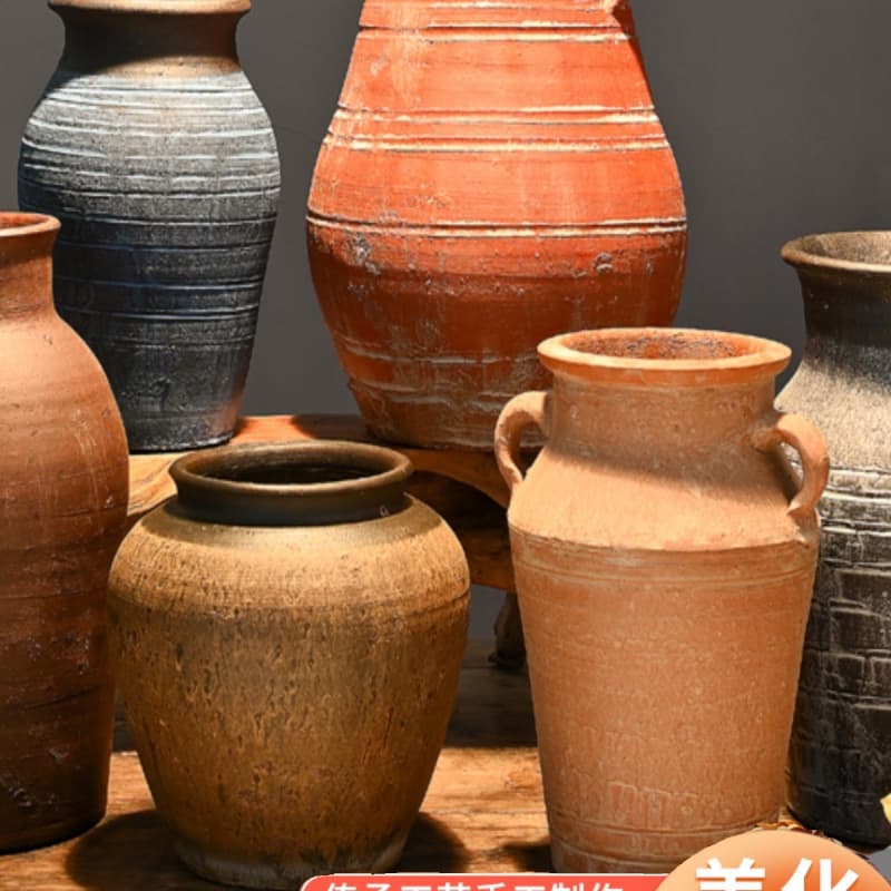Retro pottery pots, handmade coarse pottery succulent flowerpots, vases, pottery pots, new Chinese style dried flowers