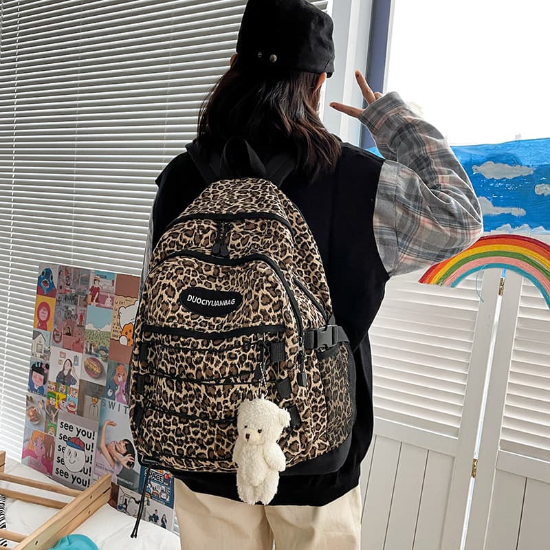 Retro Leopard Print Student Backpack Large Capacity Dual Shoulder Bag Women Korean Ulzzang Versatile Canvas Breathable Anti-Load Urban Minimalist School Bag