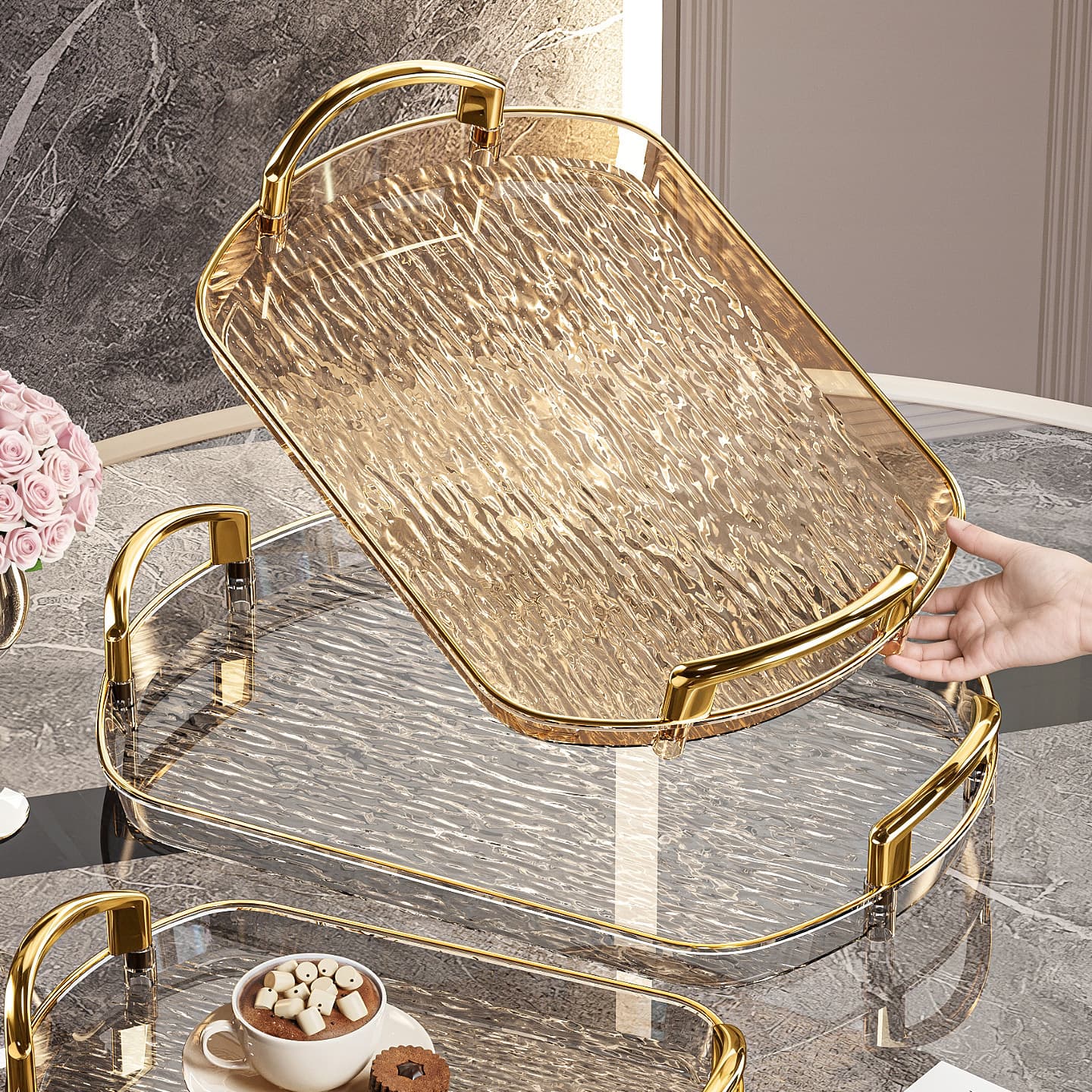 Luxury Transparent PET Tray Rectangular Party Snack Plate Coffee Table Cup Holder with Handle Storage Tray