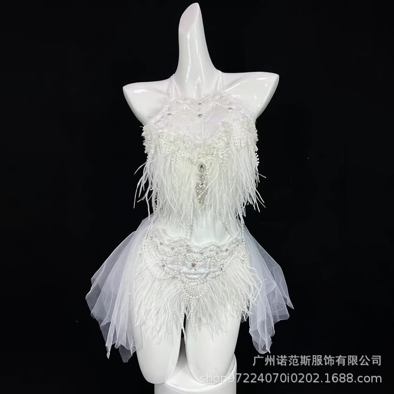 European and American style white mesh bikini set, electronic music festival singer performance outfit, sexy party and disco short dress