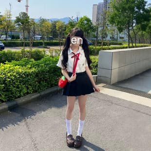 School Style Japanese JK Uniform Outfit White Embroidered Shirt Top Layering Navy Pleated Skirt Soft Girl Set for Women