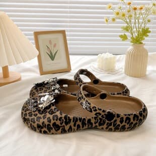 Leopard Print Mary Jane Shoes Ballet Flats Sandals Women's Crocs Style Outdoor Slide Sandals Beach Shoes Home Slippers