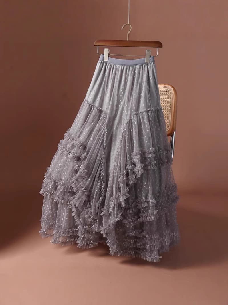 Large Flounce Embroidered Heart Tulle Half Skirt Plus Size Women's Puffy Fairy Cake Long Skirt Polyester Fiber Gathered Skirts