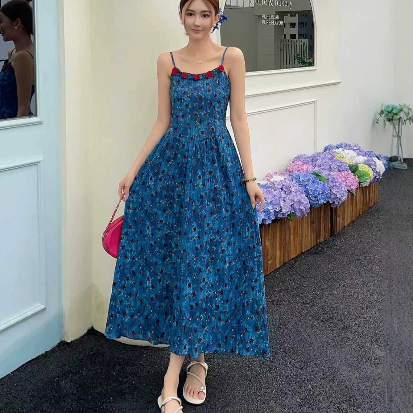French Floral Strappy Maxi Dress Summer Waist-Slimming Vacation Dress Women New Seaside Travel Dress