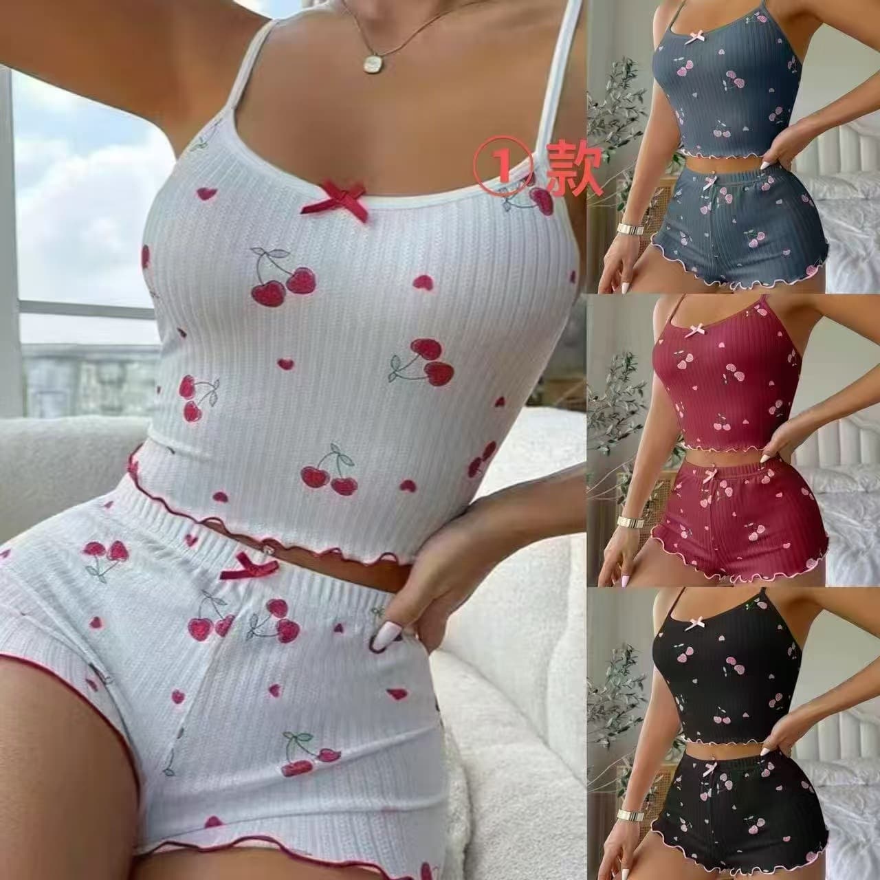 Printed New Product Set for Women, Cute Cherry Print Solid Color Loungewear with Bow, Comfortable Camisole Pajamas