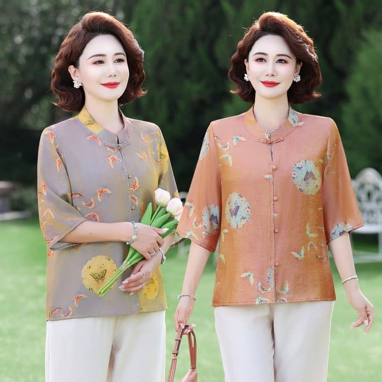 Fashionable Mother's Summer Youthful Short Sleeve Shirt, 2026 New Style, Elegant Blouse for Middle-aged and Elderly Women