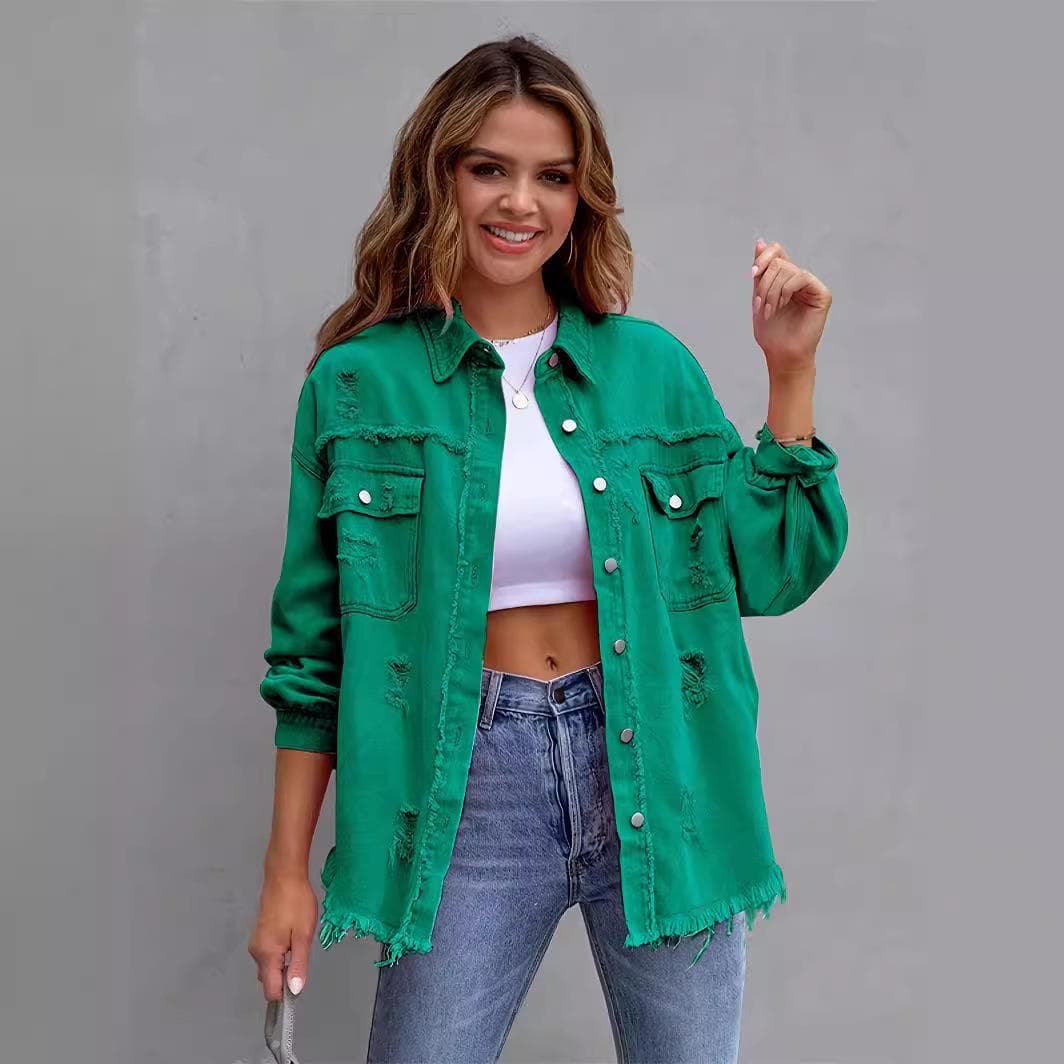 New Cross-Border European and American Denim Jacket for Women, Solid Color Loose Fit Jacket with Ripped Long Sleeves, Women's Denim Shirt