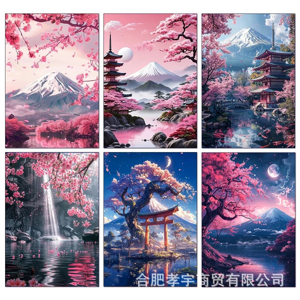 Cross-Border Bestseller Beautiful Mount Fuji Cherry Blossom Diamond Painting Full Drill Landscape Decorative Painting Factory Direct Customizable