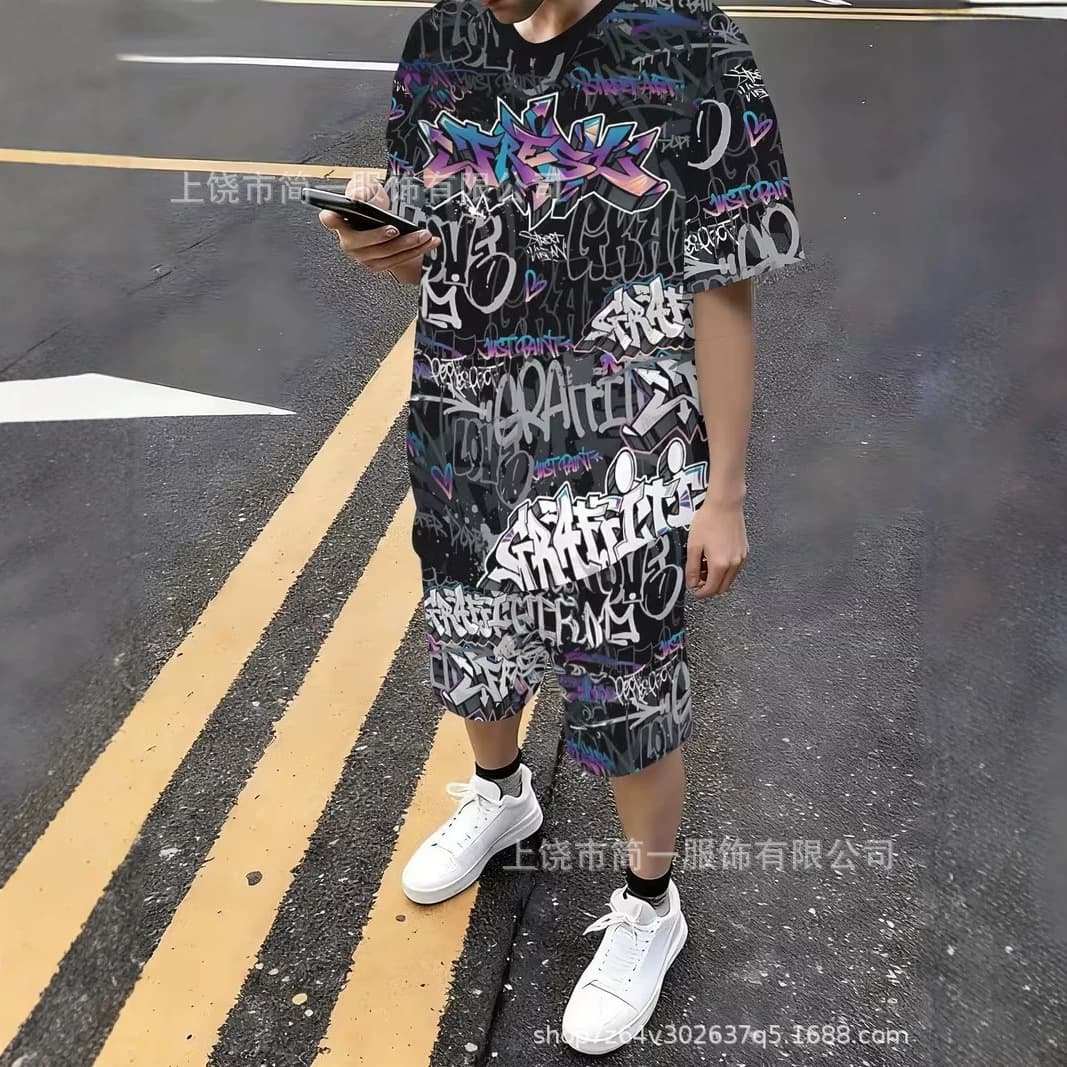 Cross-border Amazon Summer Men's Set Trendy Comfortable Casual Digital Print Short Sleeve Shorts Sportswear Set