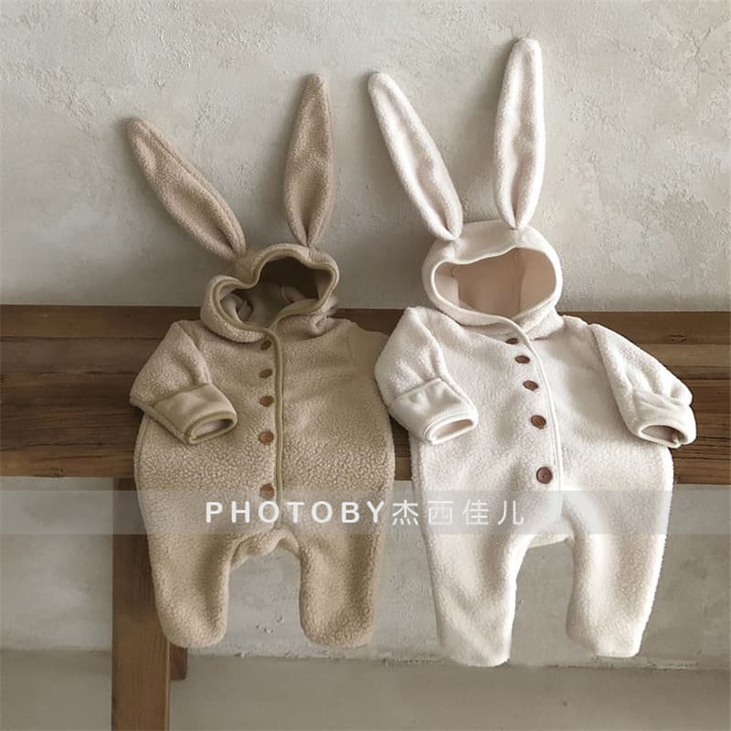 Korean Style Baby Boys Winter Romper Suit with Cute Rabbit Ears Lamb Fur Hood for Outdoor Crawling Clothes Unisex Long Sleeve