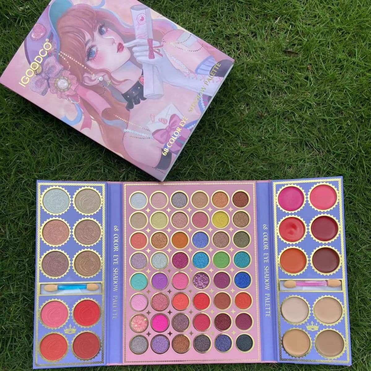 Foreign trade and cross-border best-selling 68-color eyeshadow palette with beautiful women patterns, featuring matte and pearlescent blush, lipstick, and foundation all in one.
