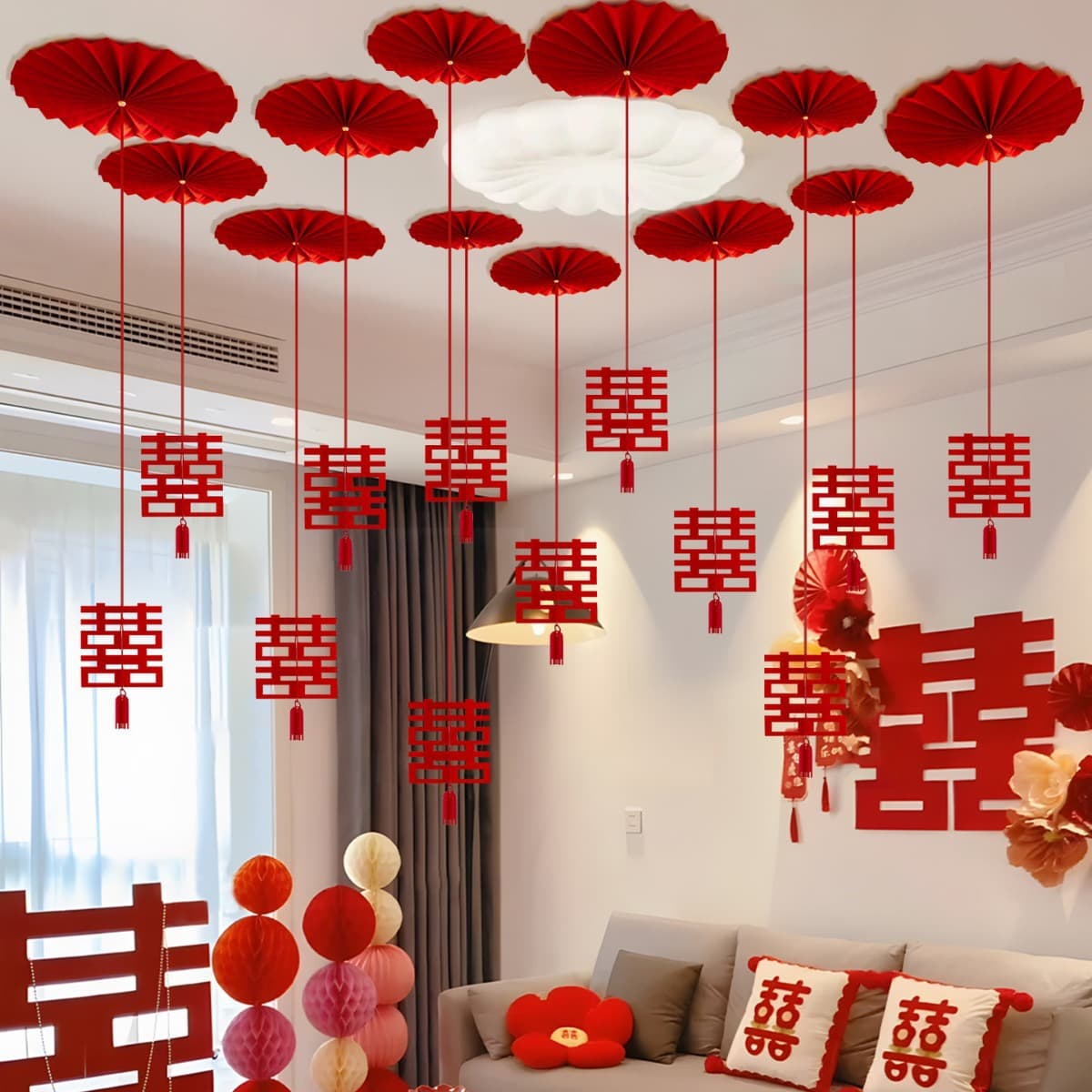 Wedding Room Decoration Set Wedding Bedroom Living Room Decor Double Happiness Character Ribbons Romantic Creative Ceiling Streamers Hanging Pieces