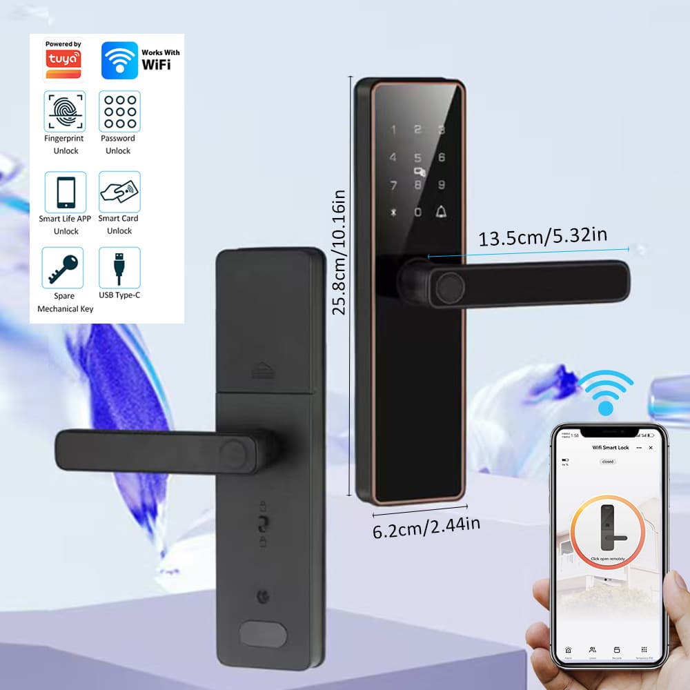 Tuya WiFi Fingerprint Lock Anti-Theft Smart Door Lock Password Key APP IC Card Multiple Unlock Methods