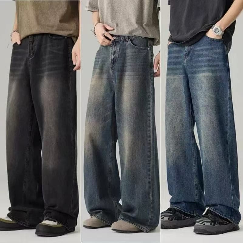 Cross-border Southeast Asia Men's Washed Wide-Leg Jeans Versatile Trendy Vintage Distressed Loose Straight-Leg Pants
