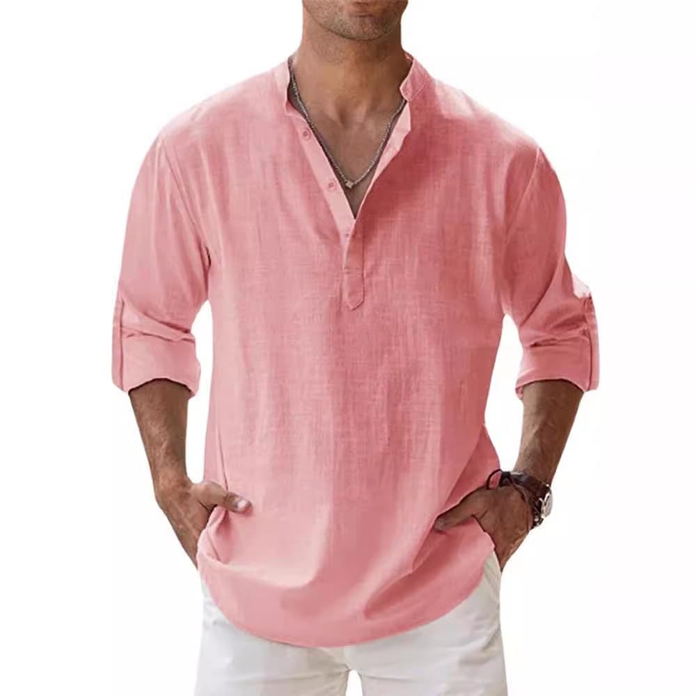 Summer new casual men's loose men's trendy stand-up collar sports color long-sleeved cotton tops large size shirts in stock