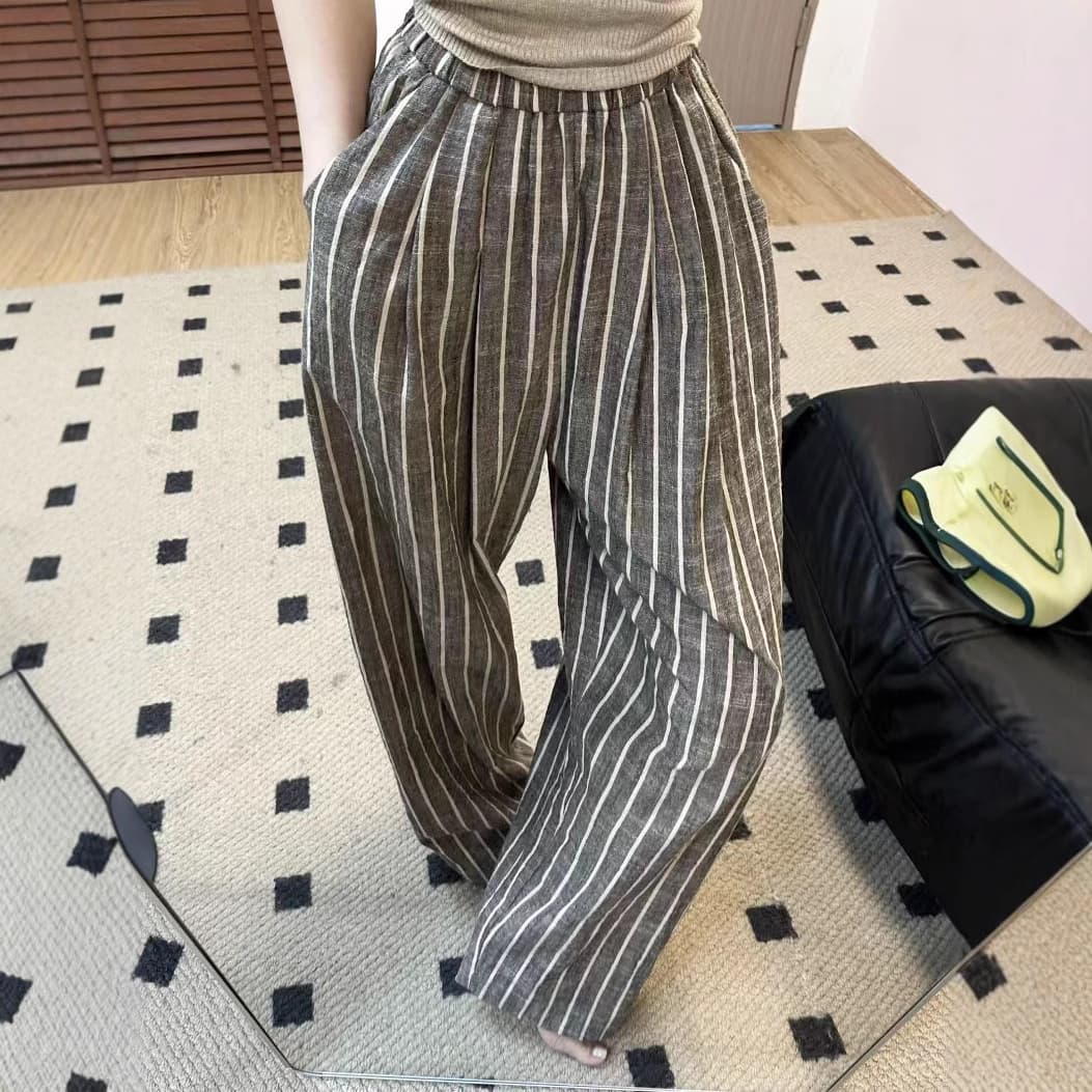 Lightweight cotton and linen striped pants, summer thin casual style trousers with drapey walking casual pants, wide-leg pants for women