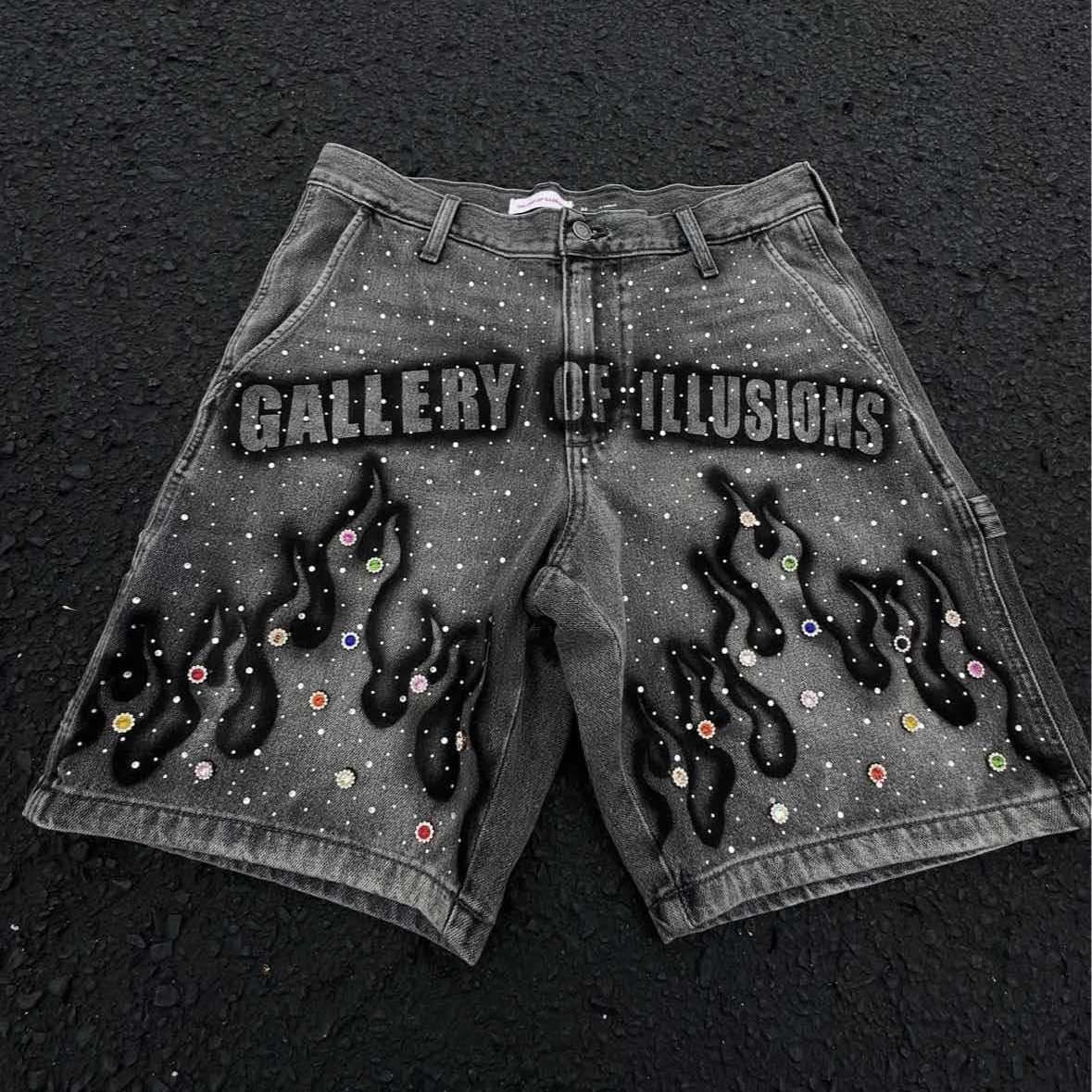 y2k Cross-border Foreign Trade Summer High Street Trendy Men's Five-Point Shorts Hand-painted Print Rhinestone Loose Denim Shorts