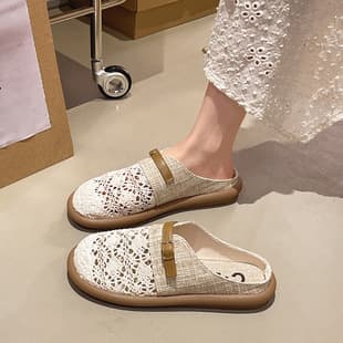 Open-toe half slippers for women 2026 autumn new woven flat slippers lazy one-step retro style women's shoes