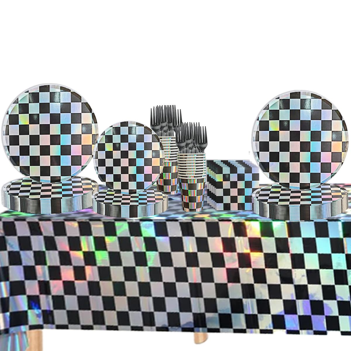 Cross-border Disposable Laser-Checkered Tablecloth, Plates, and Cutlery Printed Eco-friendly Waterproof Forks and Knives