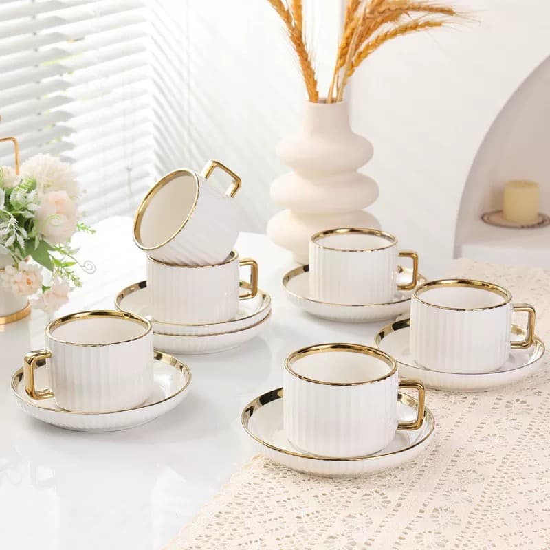 European Ceramic Coffee Cup and Saucer Set Gold Rim Luxury Afternoon Tea Set Home Use Gold-Trimmed 6-Piece Set Factory