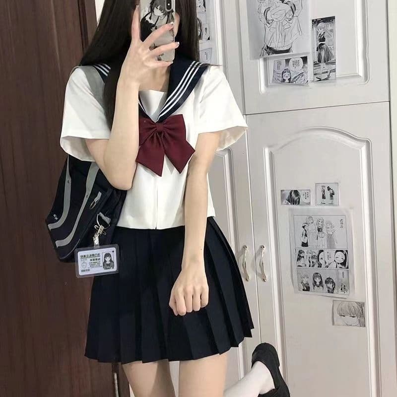White and black three-piece JK uniform skirt basic sailor suit Japanese school style set short-sleeved middle-length uniform for women Amazon