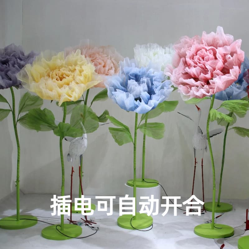 Large artificial peony flower with automatic opening and closing mechanism for shopping mall window decoration, wedding decor, road guidance, and scene arrangement