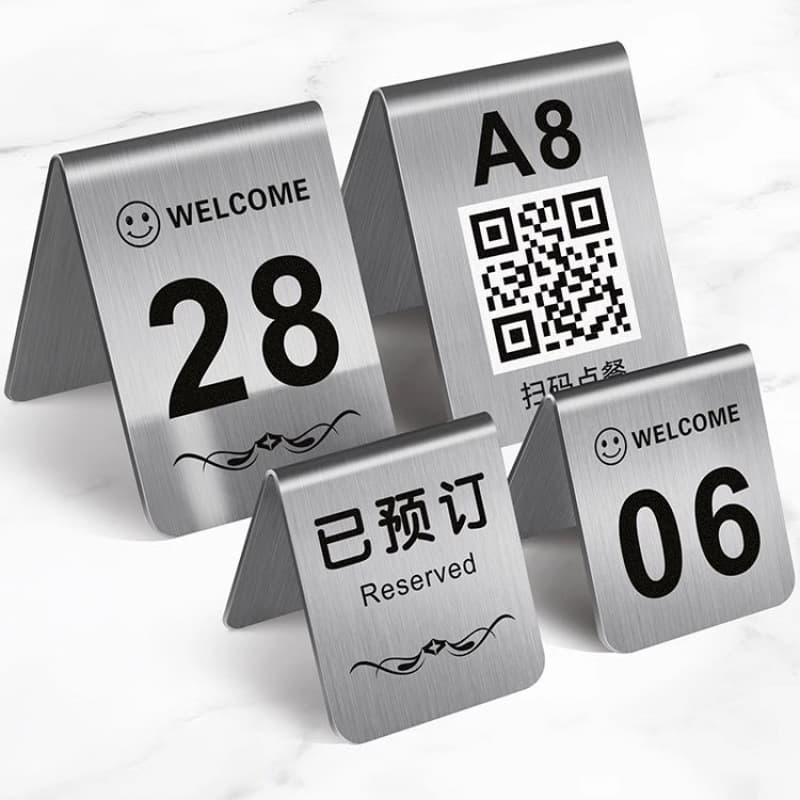 Stainless steel table number cards, tabletop standees, reserved table cards, double-sided number table cards for restaurants and hotels.