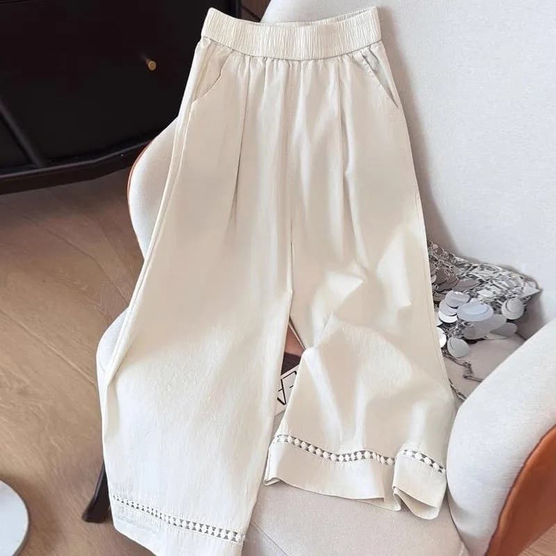 Lace Patchwork Casual Pants for Women 2026 Summer New Style Petite Pink Lace Trim Loose Wide-Leg High-Waisted Cropped Pants