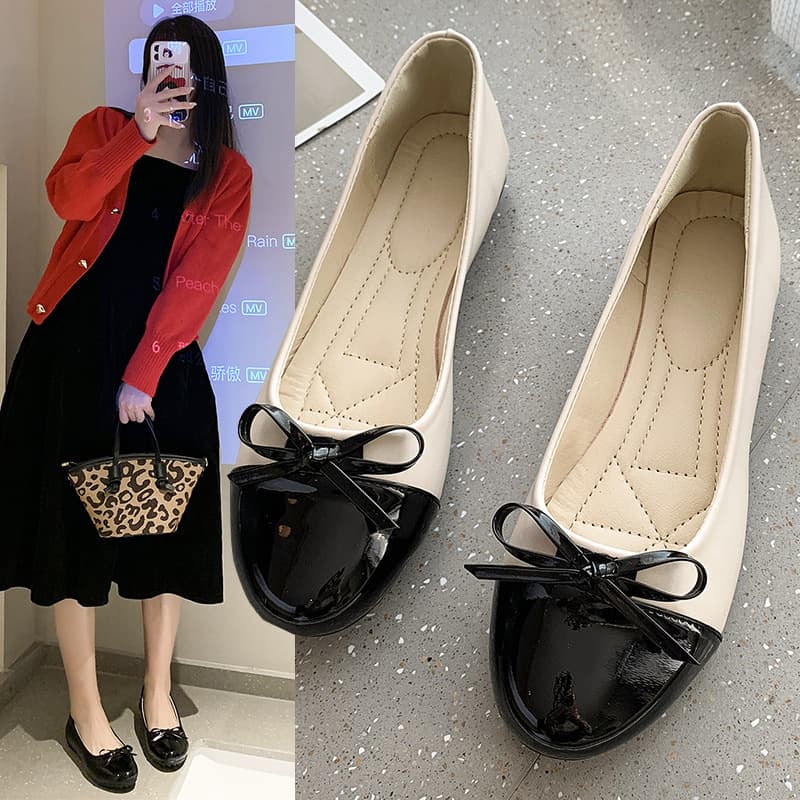 Spring new Korean fashion round toe flat bottom fashion casual large size women's shallow mouth casual bow women's shoes