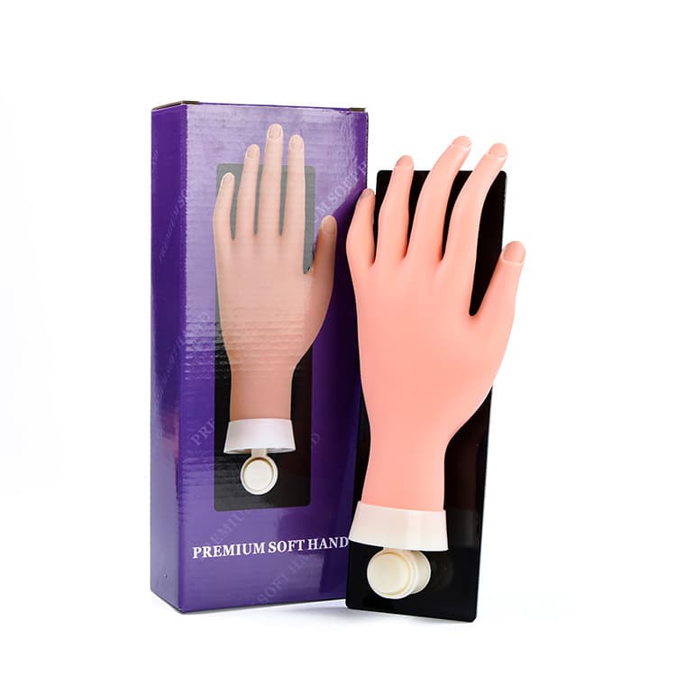 Nail art practice fake palm with ring fake hand that can fix fingers, bend and positionable hand model with plate for nail inserts