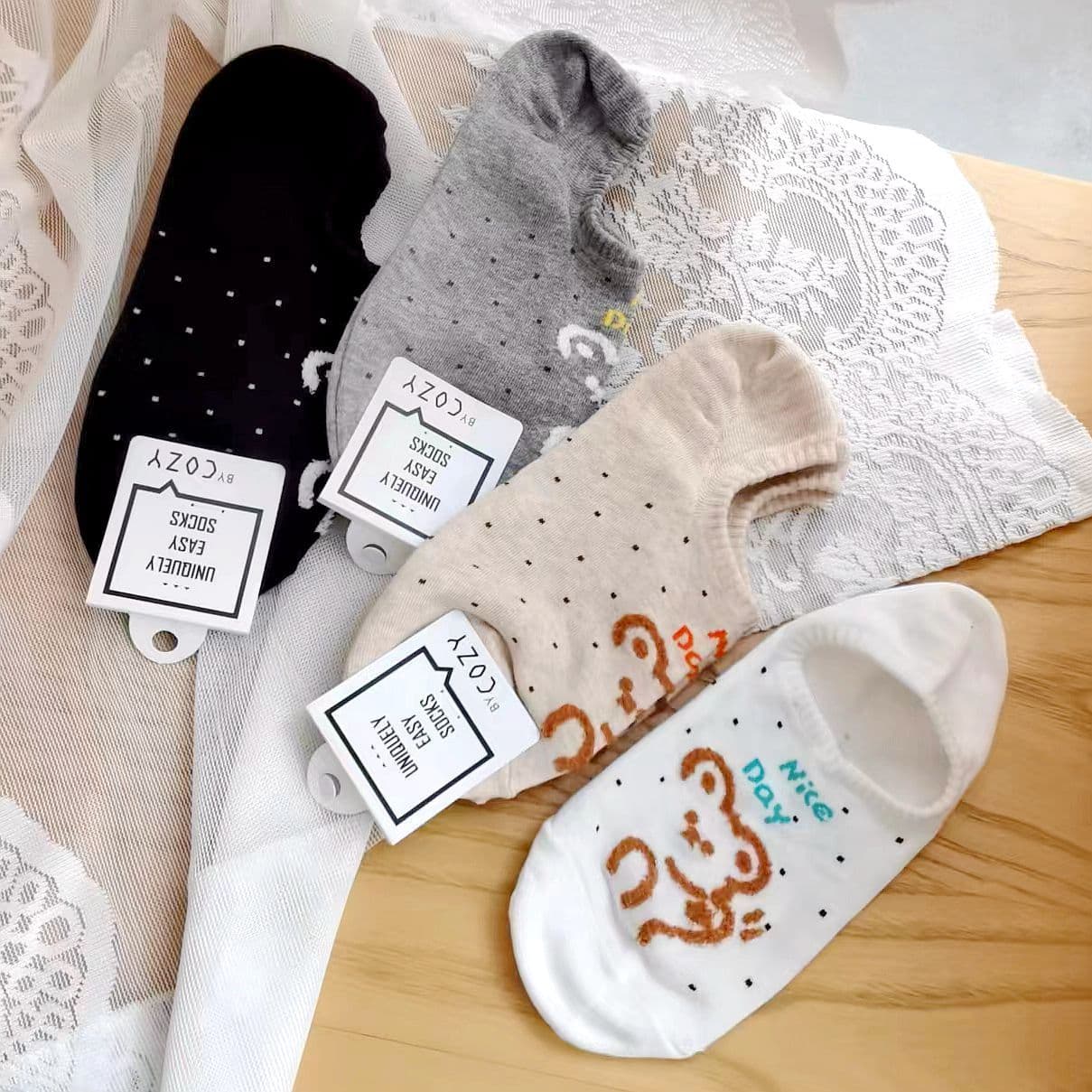 Spring New Arrival In Stock Thin Cotton Women's Short Socks Casual Cute Colorful Dot Bear Low-Cut Boat Socks COZY Korean Socks