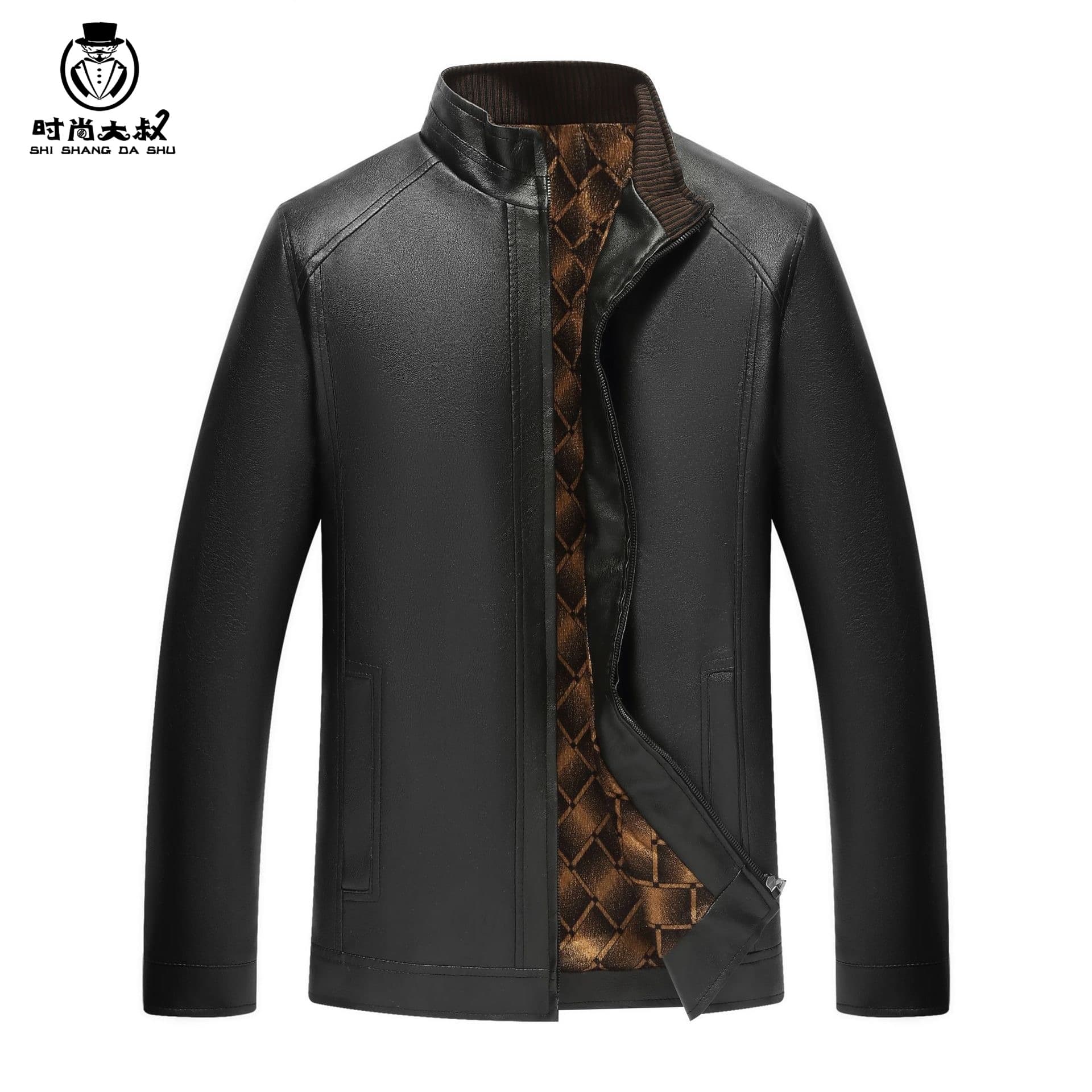 Men's Velvet Jacket Stand Collar Fleece Lined Winter Coat Middle Aged And Elderly Style Casual Leather And Mixed Leather Wear
