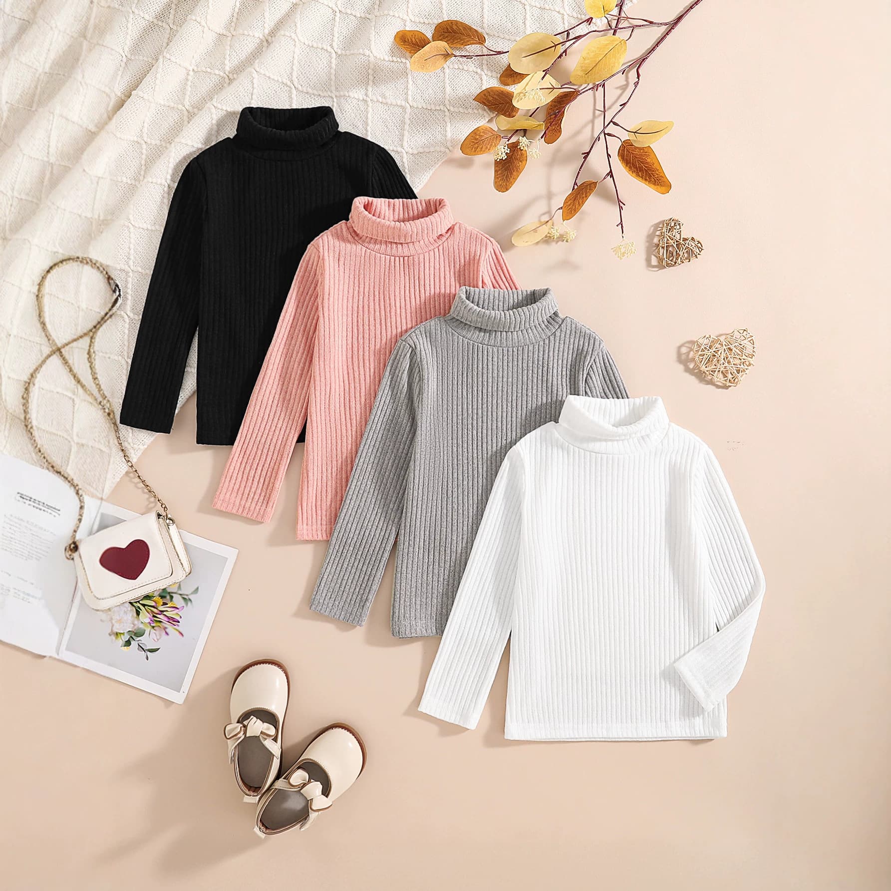 Foreign Trade Children's Clothing Spring and Autumn Girls' Base Layer Solid Color Half Turtleneck Ribbed Long Sleeve Warm Base Layer 4-Piece Set