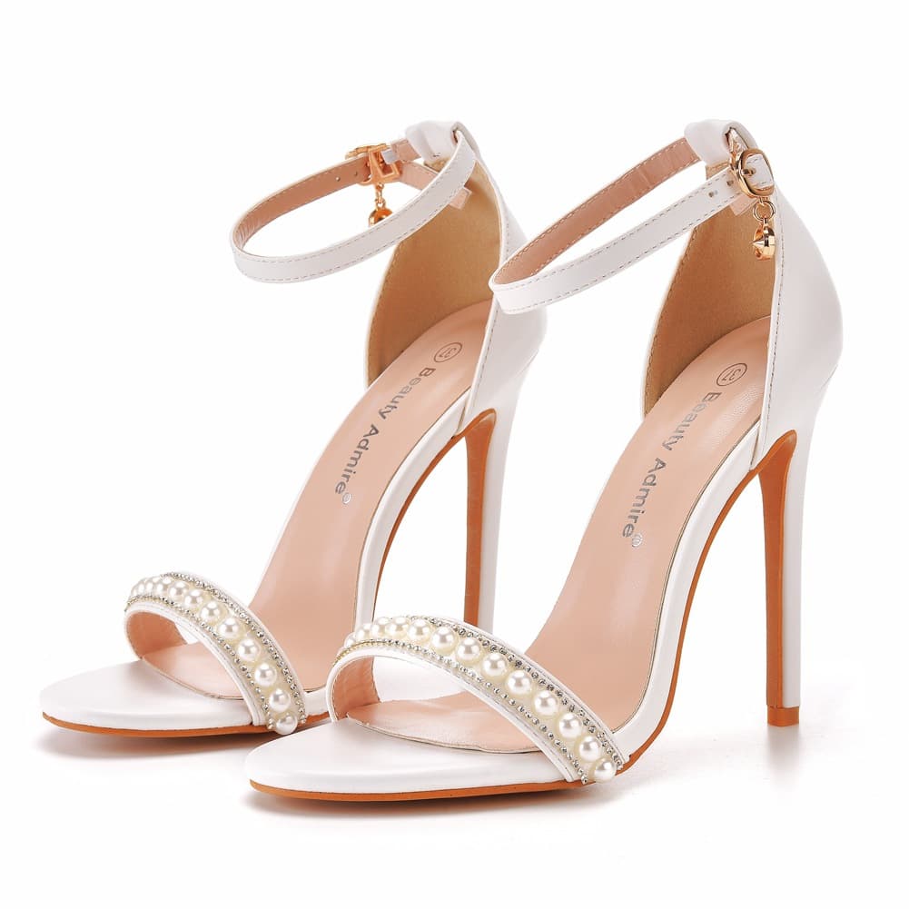 11cm Export High Heel Sandals Pearl White One-Strap Buckle Shoes Thin Heel Peep Toe Roman Sandals White Wedding Shoes