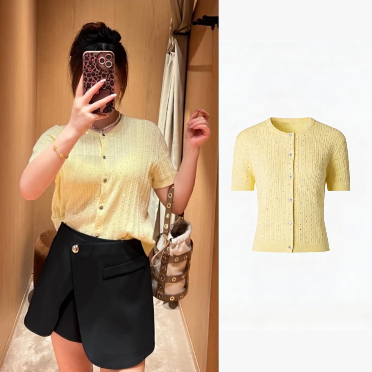 2026 Summer New Women's Clothing Retro Style Twist-Pattern Rhinestone Top Slimming and Age-Reducing Round Neck Short-Sleeve Knit Cardigan for Women