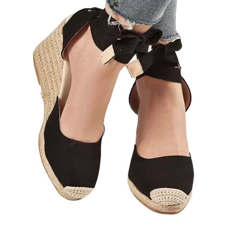 Large Size Wedge Heel Women's Sandals 2025 Summer New Thick Sole Closed Toe Closed Heel Ankle Strap Fabric Rope Sandals for Women
