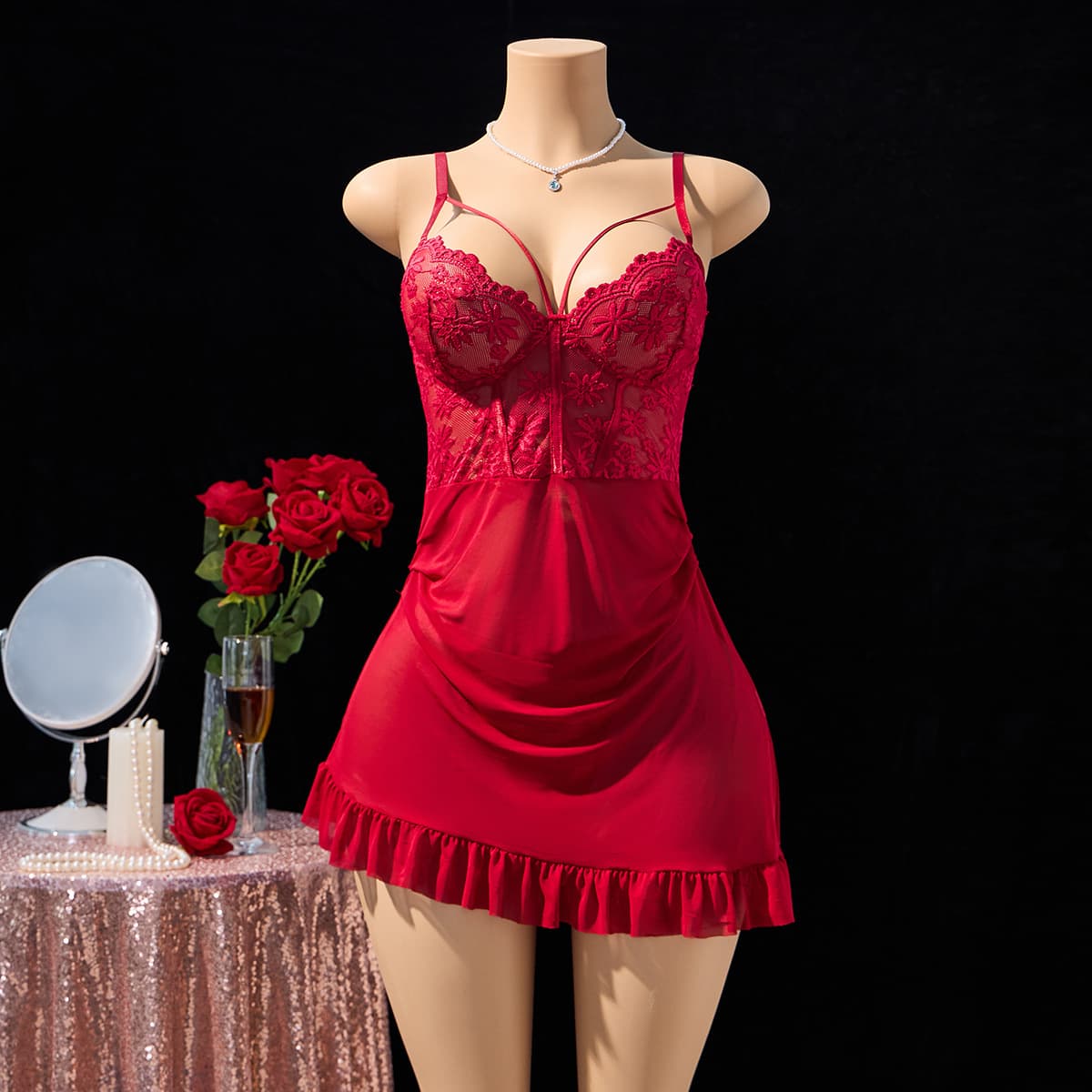 European and American burgundy lace suspender nightgown set sexy pajamas home clothes see-through sexy satin pajamas for women