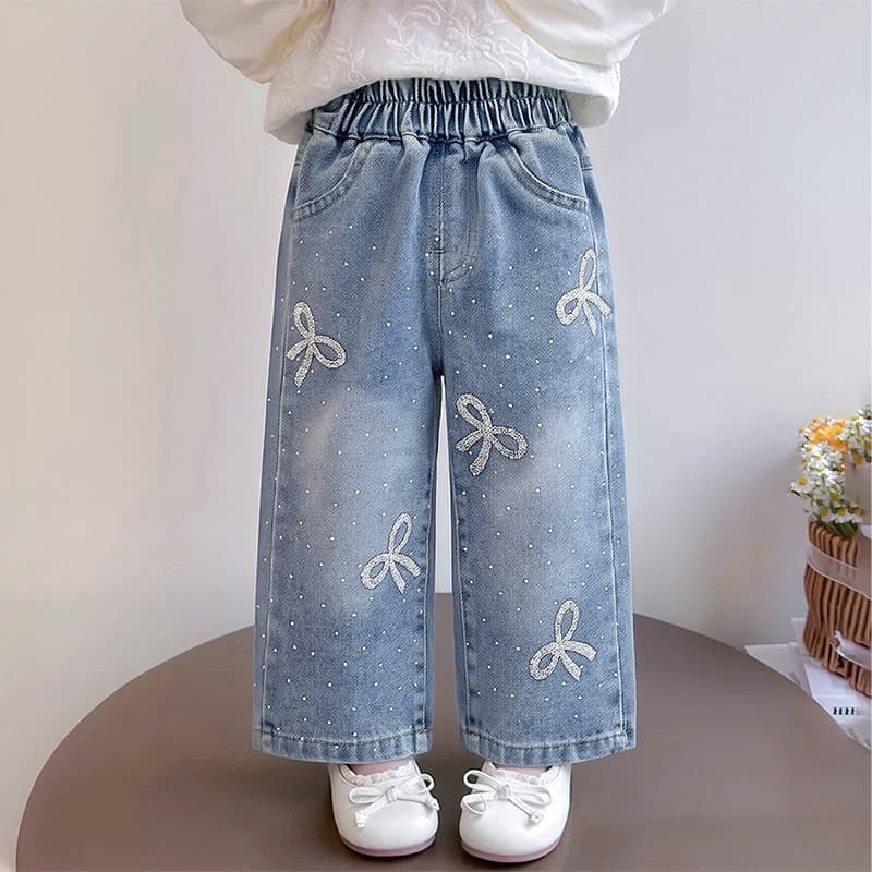 Girls Jeans Spring Autumn Baby Washed Soft Denim Straight Wide Leg Pants Korean Style Loose Long Pants for Children